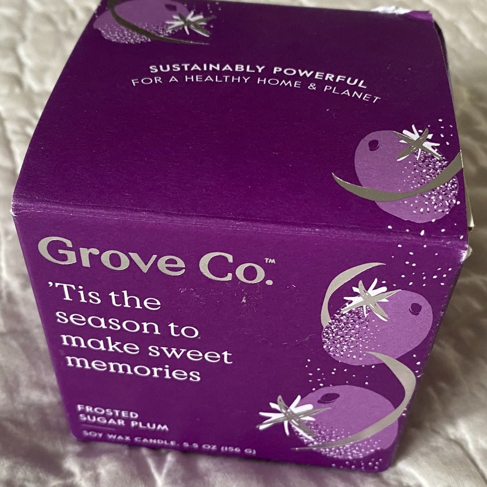 Grove Co Frosted Sugar Plum SOY WAX Candle White Glass Jar Christmas 30 Hr Burn